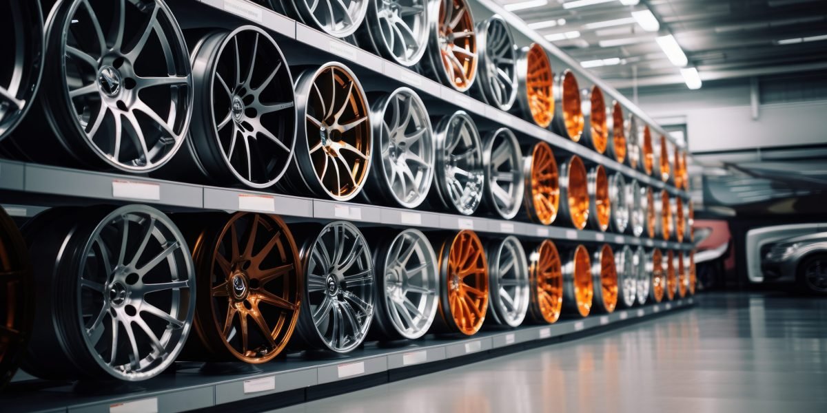 Sleek showroom displays  array of modern car rims.